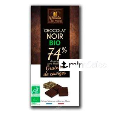 CHOCOLATE NEGRO 74 % PIPAS CALABAZA 100 GR BIO MOULINDESMOINES