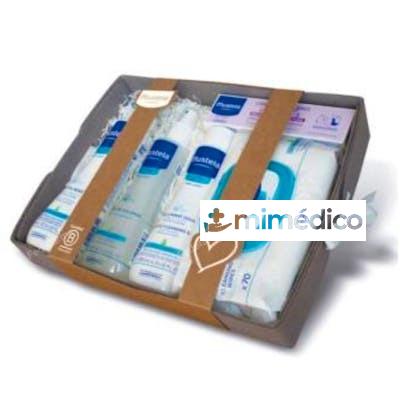 CANASTILLA GRIS LECHE CORP+COLONIA+GEL+CREMA+TOALL MUSTELA